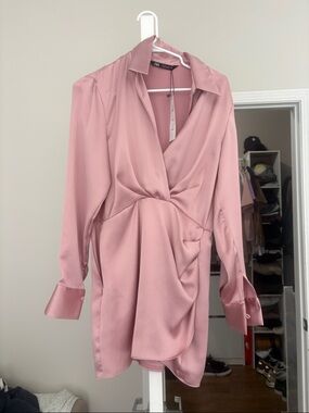 NWT Zara Silky Pink Satin Wrap-Style Dress